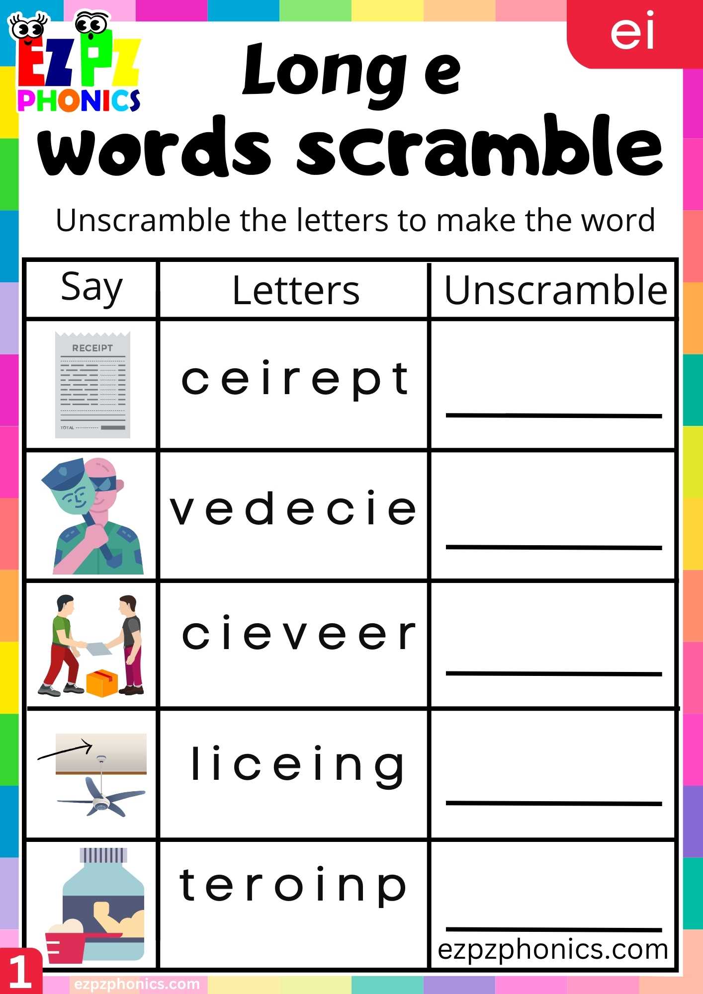 EI Words Words Scramble Long E Phonics Worksheet